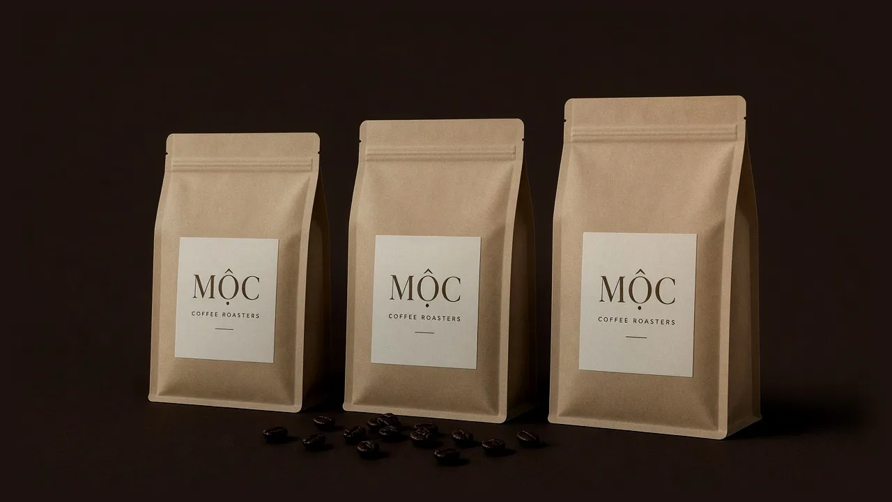 Ba túi cà phê Mộc bằng giấy kraft, nhãn trắng, cạnh vài hạt rang
