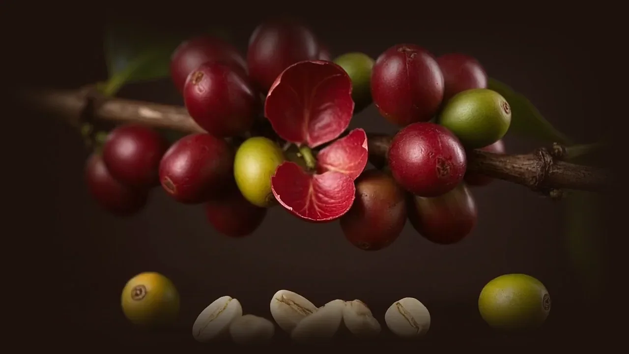 Cành cà phê chín, nhân tách ra rơi xuống bàn